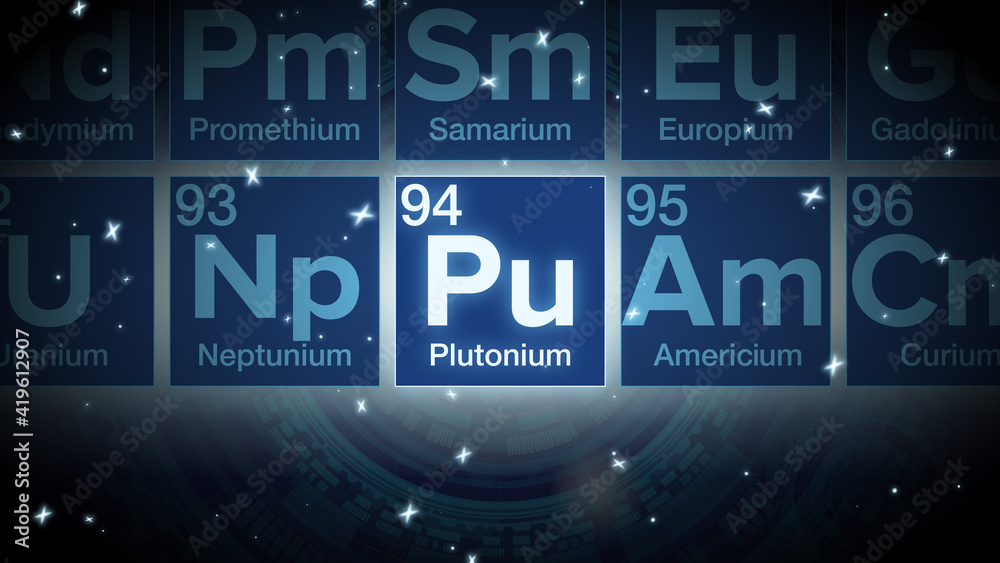 Close up of the Plutonium symbol in the periodic table, tech space environment.