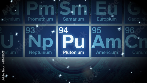 Close up of the Plutonium symbol in the periodic table, tech space environment.