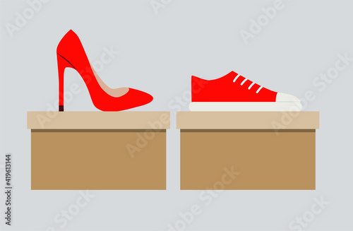 vector of red sneaker and red shoes. flat image of sports shoes and stiletto heel shoes. one red sneaker and one high heel