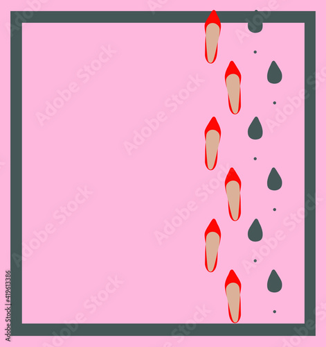 vector poster with red womens shoes and footprints. flat image of women's shoes and traces from them