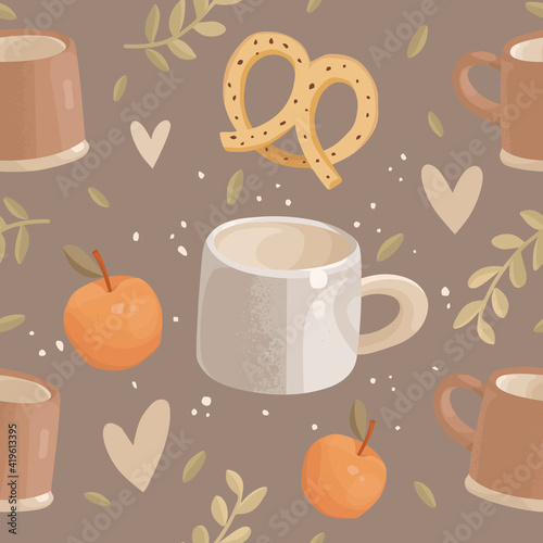 Rustic ceramic cups on a dark background. Apple and pretzel  twigs  leaves  and abstract dots. Vector illustration in a hand-drawn style. Cute seamless pattern for a coffee shop. Fabric design  print.