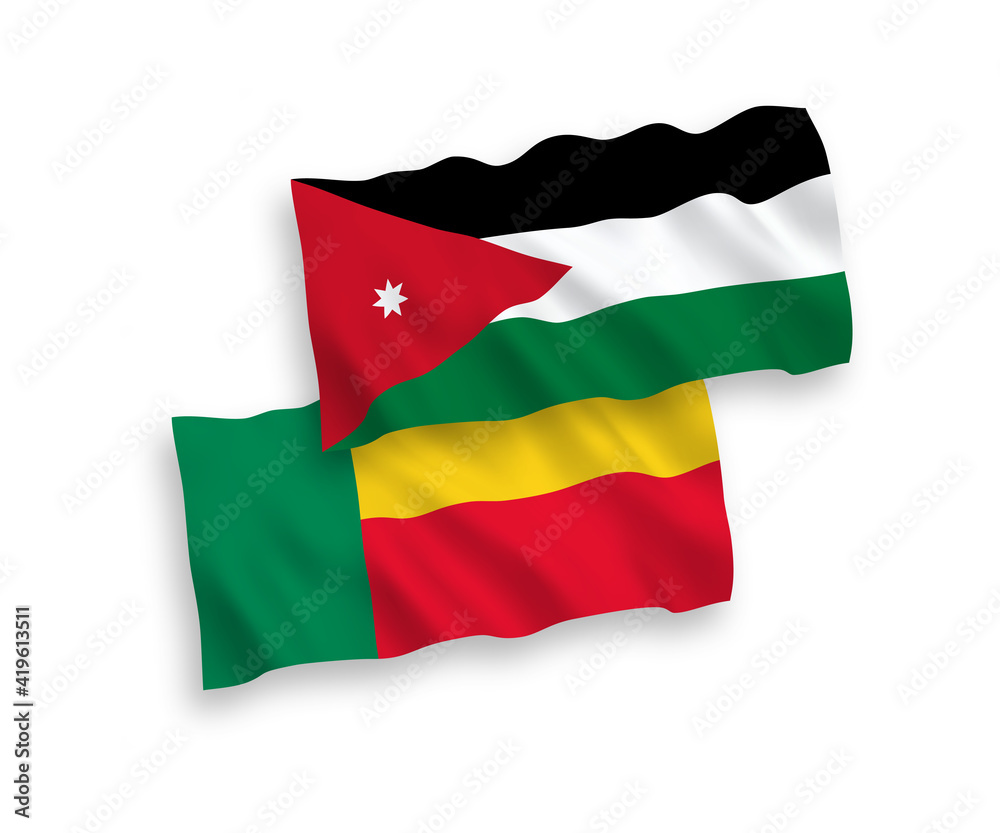 Flags of Hashemite Kingdom of Jordan and Benin on a white background Flags of Hashemite Kingdom of Jordan and Benin on a white background