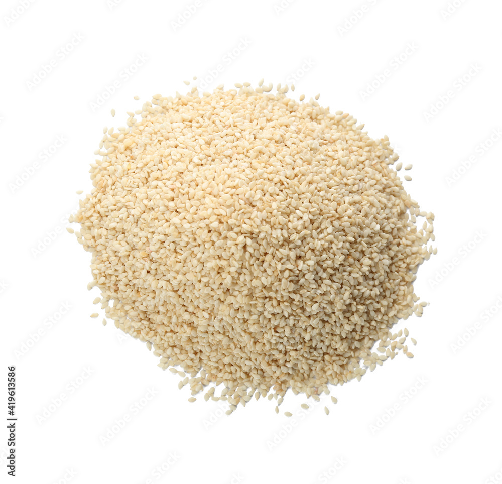 Pile of sesame seeds on white background, top view Pile of sesame seeds on white background, top view