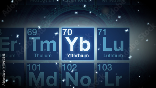 Close up of the Ytterbium symbol in the periodic table, tech space environment.