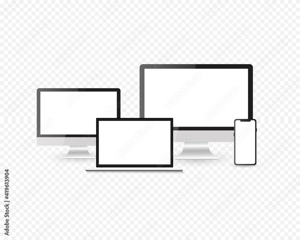 Realistic device Responsive Screen  mockup.  PC, laptop, smartphone screens. Realistic media gadgets with transparent screen for presentation. Vector illustration
