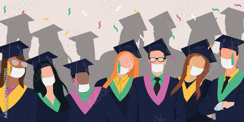 Group of happy graduated students wearing academic dress, gown or robe and graduation cap in face mask. Boys and girls celebrating university graduation safely. Flat vector illustration
