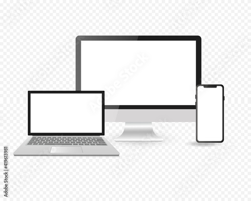 Multiple Responsive device mockup.  PC, laptop, smartphone screens. Realistic media gadgets with transparent screen for presentation. Vector illustration