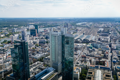 Panorama with modern skyscrapers, aerial view from a height of 200 meters, observation point at the main tower, city center at sunny summer day, cityscape, Frankfurt am Main, Germany