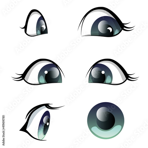 Set of blue eyes cartoon character, anime in different angles. Vector illustration of female, baby eyes isolated on white background.