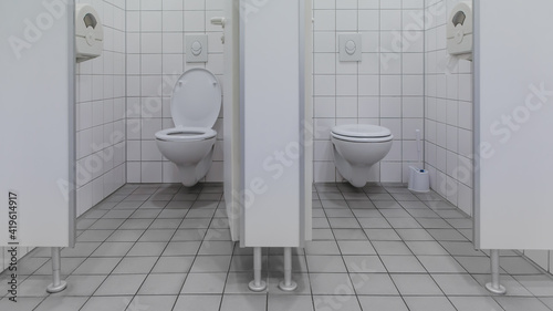 separated toilets at public restroom beside white cabins and open and closed WC