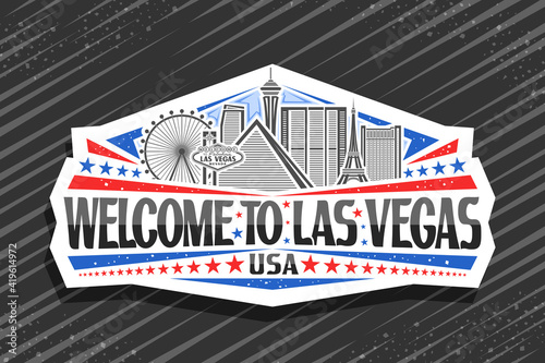 Vector logo for Las Vegas, white decorative badge with illustration of american city scape on day sky background, art design fridge magnet with unique lettering for black words welcome to las vegas.