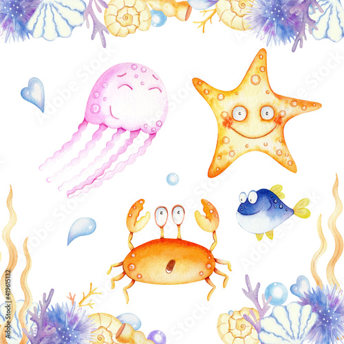 Watercolor set of sea inhabitants, cartoon animals, sea animals, childish illustration, underwater world, baby show, set with sea animals. Crab, fish, starfish, jellyfish, seaweed, pearl.