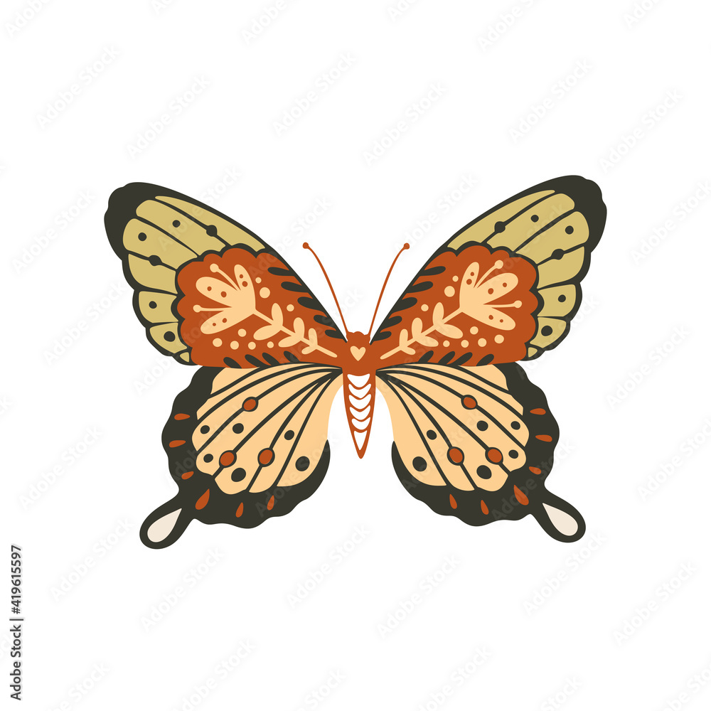 Design butterfly nature isolated insect vector art. Spring boho bohemian moth.