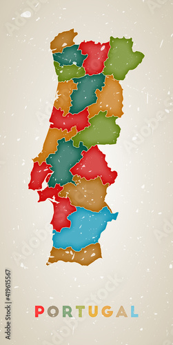 Portugal map. Country poster with colored regions. Old grunge texture. Vector illustration of Portugal with country name.