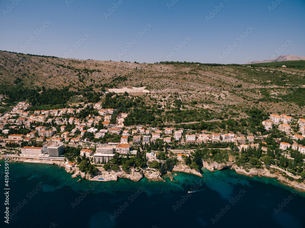 Dubrovnik, Croatia - 27 june 2019: Aerial view of the territory of Grand Villa Argentina and Villa Sheherezade. The best hotels in Dubrovnik.