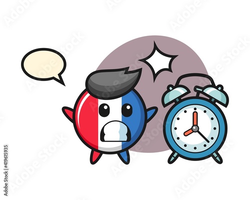 Cartoon illustration of france flag badge is surprised with a giant alarm clock