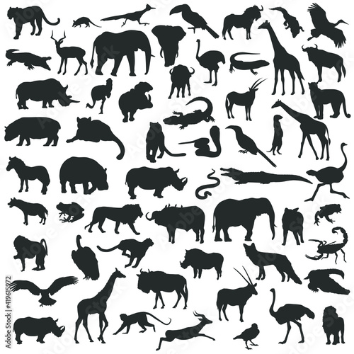 Safari Animal Silhouette Illustration. Vector Collection Clip Art. Wild Life African Safari Icons.