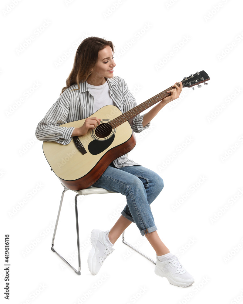 Woman with guitar on white background. Music teacher Woman with guitar on white background. Music teacher