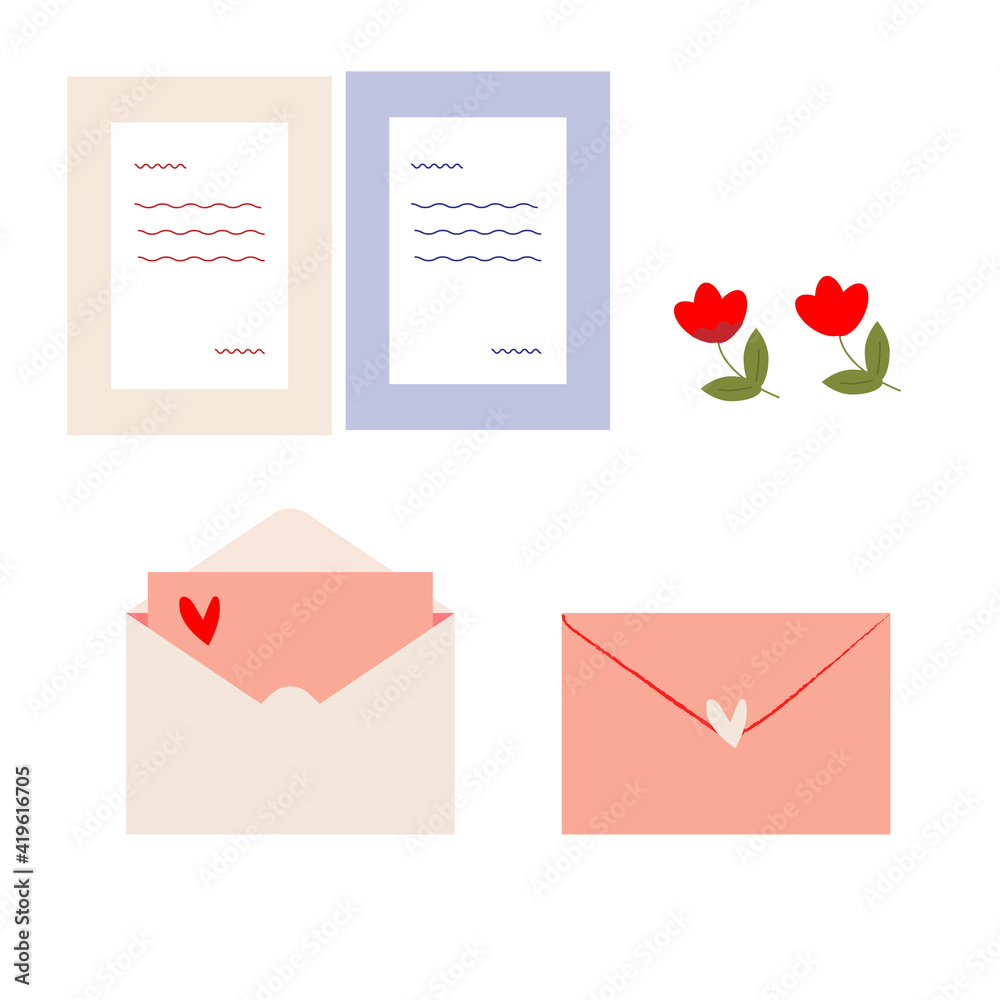Vector romantic set of soft pink open and closed envelopes, cute letters and flower. The envelope contains a card with a heart. Love message illustration in flat style. Vector romantic set of soft pink open and closed envelopes, cute letters and flower. The envelope contains a card with a heart. Love message illustration in flat style.