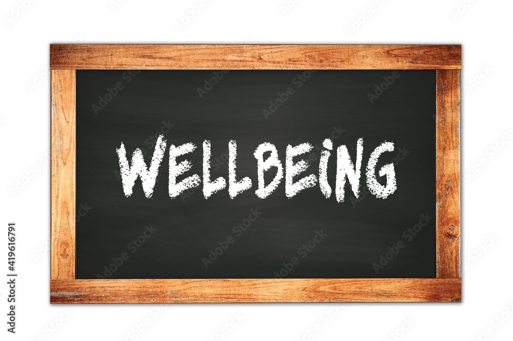 Fototapeta premium WELLBEING text written on wooden frame school blackboard.
