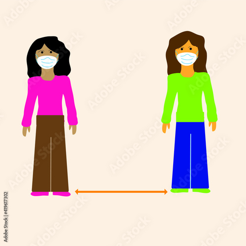 The space for the safety of people should be at a distance of 1.5 meters from each other. Girls wearing medical masks to prevent coronavirus maintain a social distance. Modern flat design style.