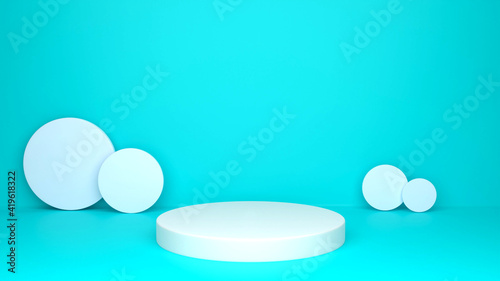 White podium  white and blue circle on blue background. 3d rendering.