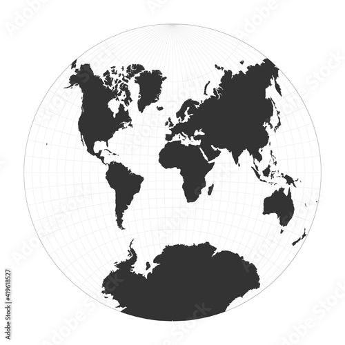 Map of The World. Van der Grinten II projection. Globe with latitude and longitude net. World map on meridians and parallels background. Vector illustration.