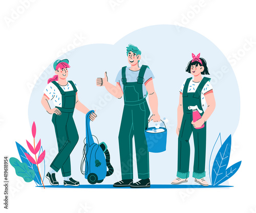 Cleaning company staff characters with cleaning equipment at decorative backdrop, cartoon flat vector illustration isolated on white background. Smiling janitor workers or cleaners standing.