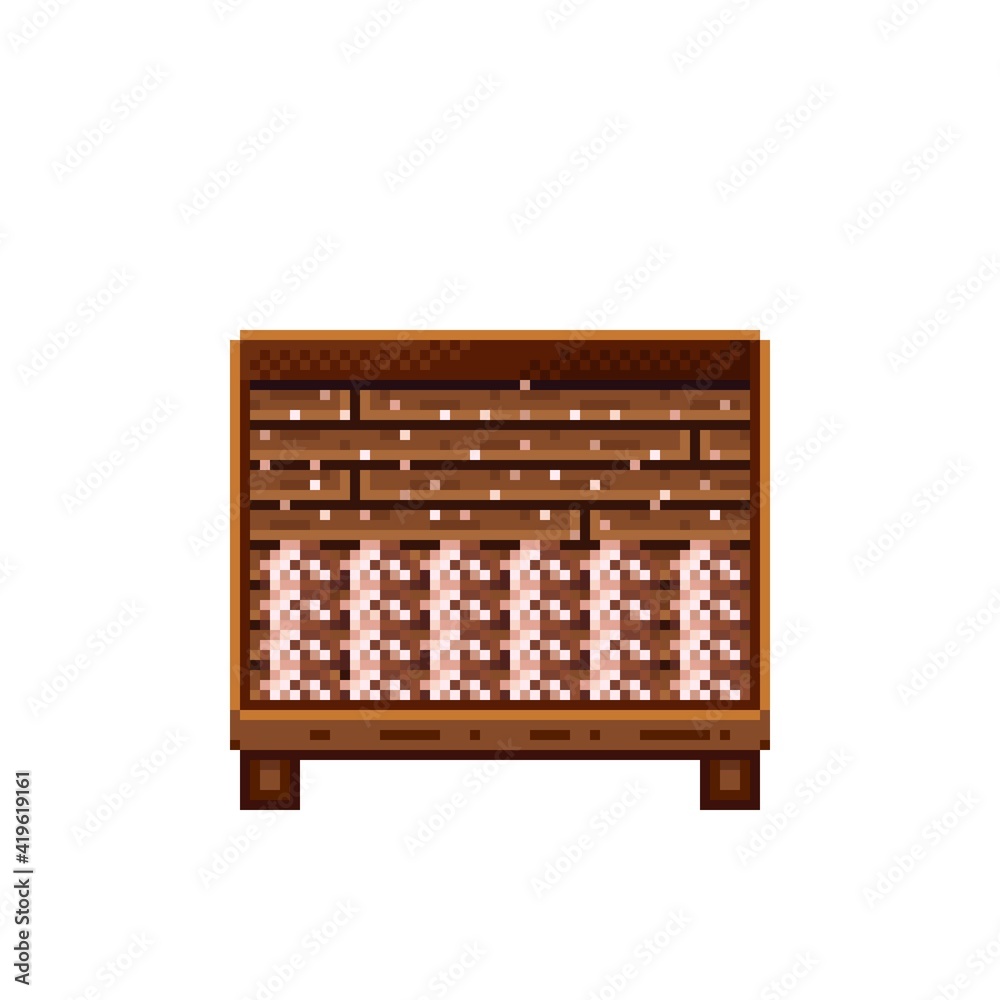 Vegetable shop pixel art. Mushrooms in a wooden crate. Mushrooms, food pixel art icon isolated on white background. Mushroom stall. Showcase with vegetable waste. Vector illustration. Vegetable shop pixel art. Mushrooms in a wooden crate. Mushrooms, food pixel art icon isolated on white background. Mushroom stall. Showcase with vegetable waste. Vector illustration.