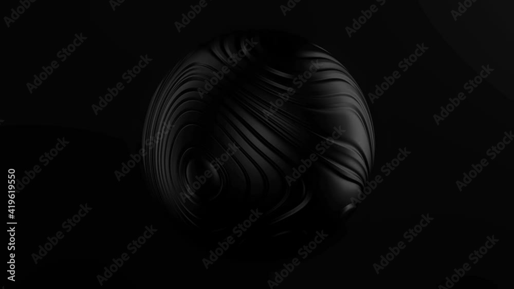 Sphere waves fluid seamless loop 4k. 3d render sphere of loops pulse flow animation. Black oil drop morphing smooth wave substance.