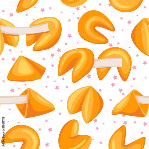 pattern. Chinese fortune cookies. Vector food set. Sweet pastries. Drawn cookie in cartoon style with blank note inside