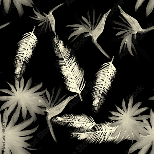 White Pattern Leaves. Gray Seamless Foliage. Black Tropical Background. Decoration Plant. Drawing Leaves. Isolated Foliage. Flower Textile. Summer Design.