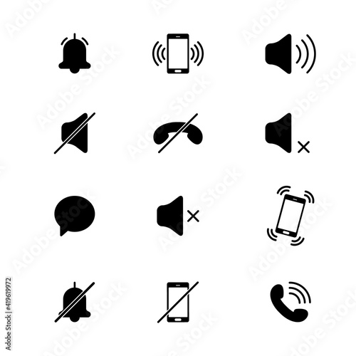 Audio mobile phone icons. Mode of noise, silence, vibration. Various sound signal signs. Quiet mode. Vector
