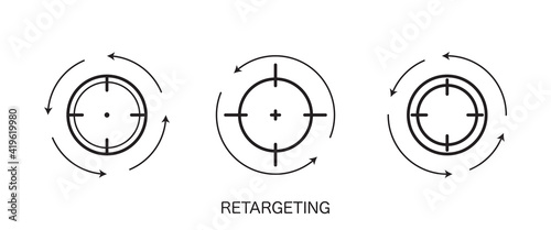 Set of target icons. Retargeting or remarketing concept. Digital marketing. Online strategy in social media. Vector