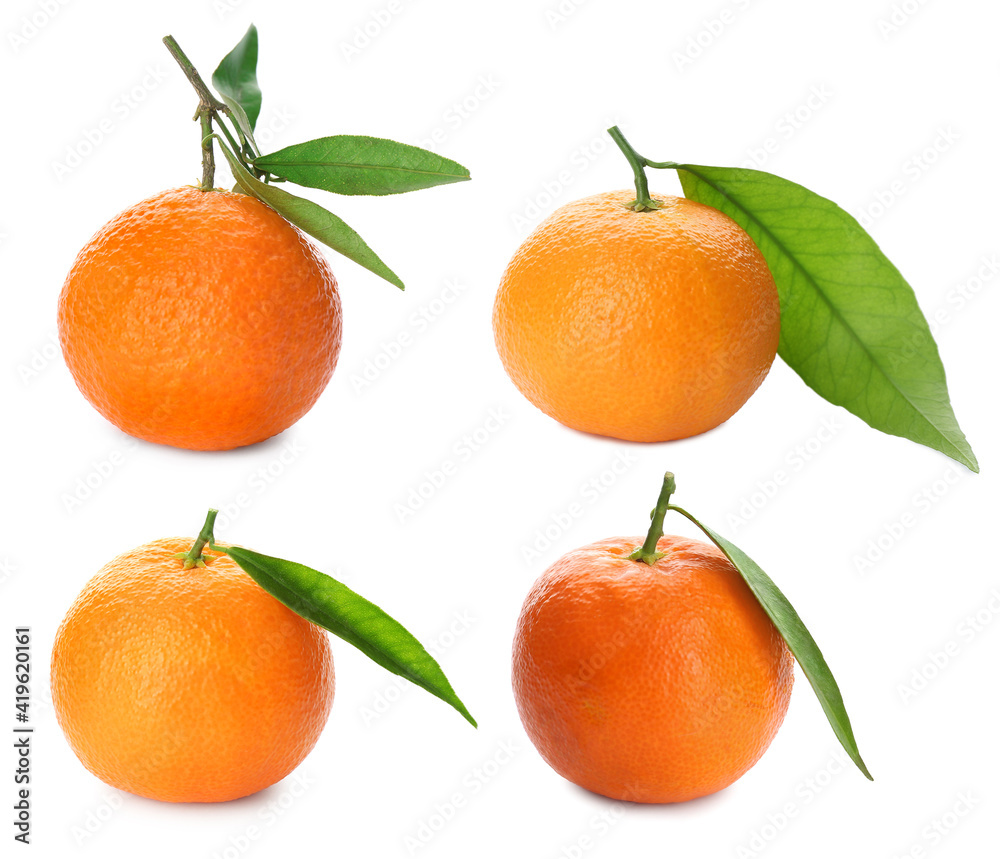 Set with fresh ripe tangerines on white background Set with fresh ripe tangerines on white background