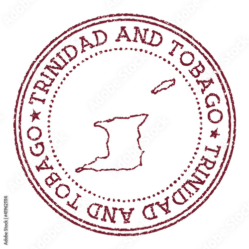 Trinidad and Tobago round rubber stamp with country map. Vintage red passport stamp with circular text and stars, vector illustration.