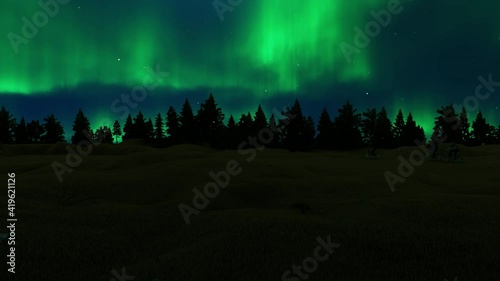 Teenagers riding bikes with fir trees forest and aurora borealis in the background