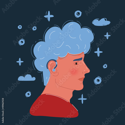 Vector illustration of man face wearing a hearing aid on white backround.
