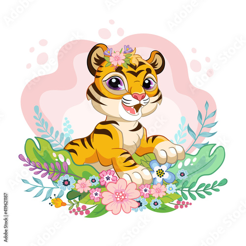 Vector illustration cartoon tiger with beauty flowers