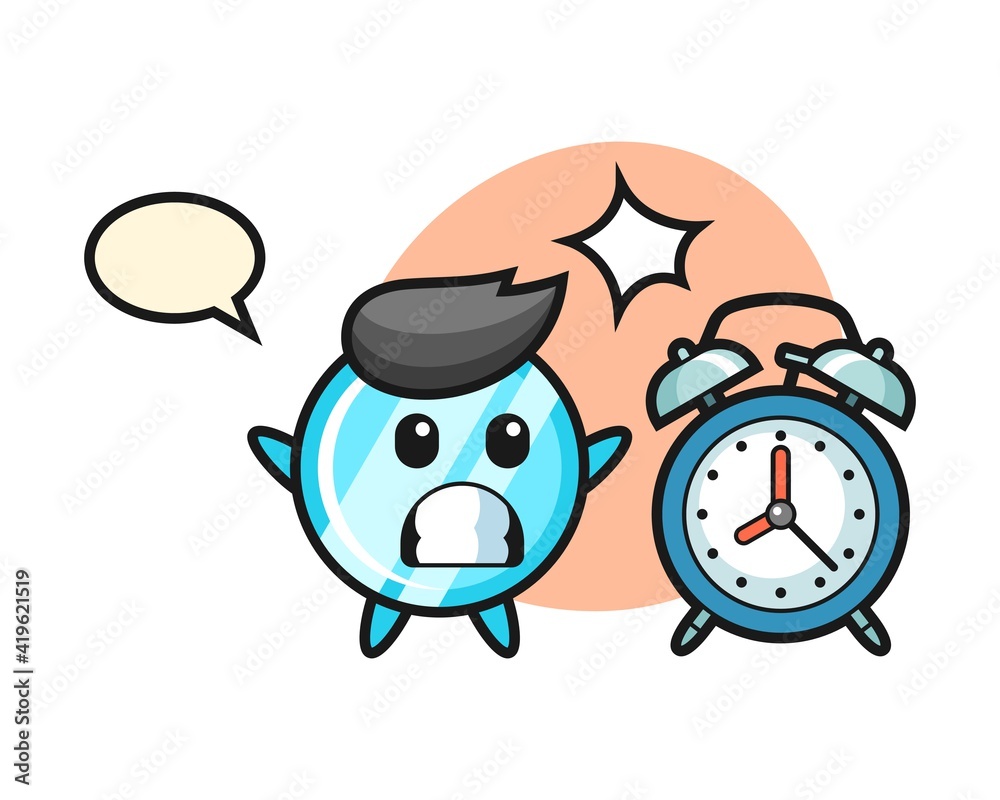 Cartoon illustration of mirror is surprised with a giant alarm clock