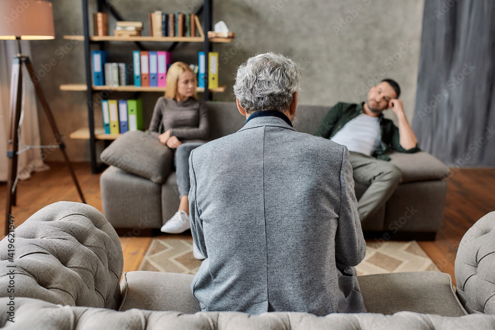 Obraz premium Rear view of psychotherapist listening to depressed spouses
