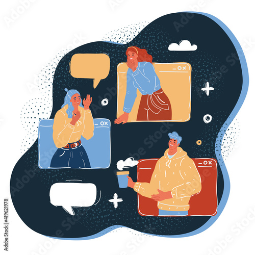 Vector illustration of team meeting in a virtual space. People, man and woman talk together in message windows on dark backround.