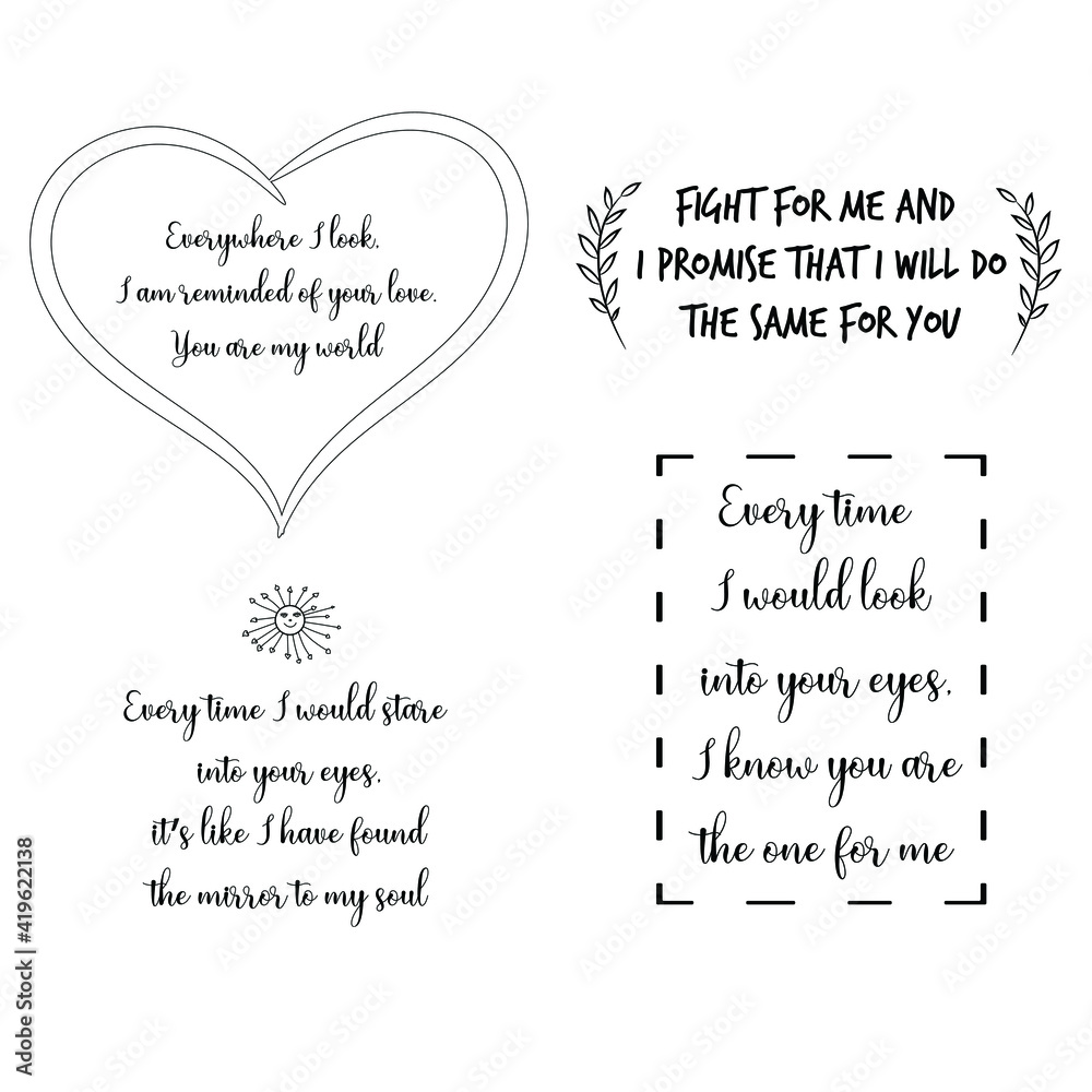 Set of vector quotes about love and Romantic feeling. Design elements for Valentine's day
Set of vector quotes about love and Romantic feeling. Design elements for Valentine's day