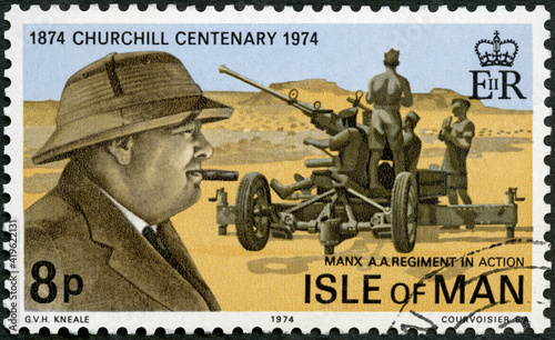 MANN - 1974: shows Sir Winston Leonard Spencer Churchill (1874-1965), Manx A Regiment in action, 1974 photo