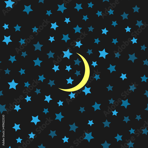 Seamless pattern with moon and blue stars on black background