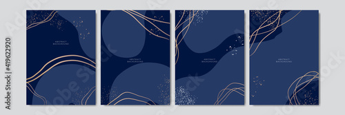 Modern universal artistic templates. Merry Christmas Corporate Holiday cards and invitations. Floral frames and blue gold line backgrounds design. Vector illustration. 
