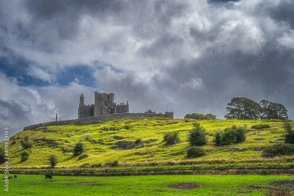 Beautiful Rock of Cashel castle with cattle grazing on field and dramatic dark storm clouds in background, County Tipperary, Ireland