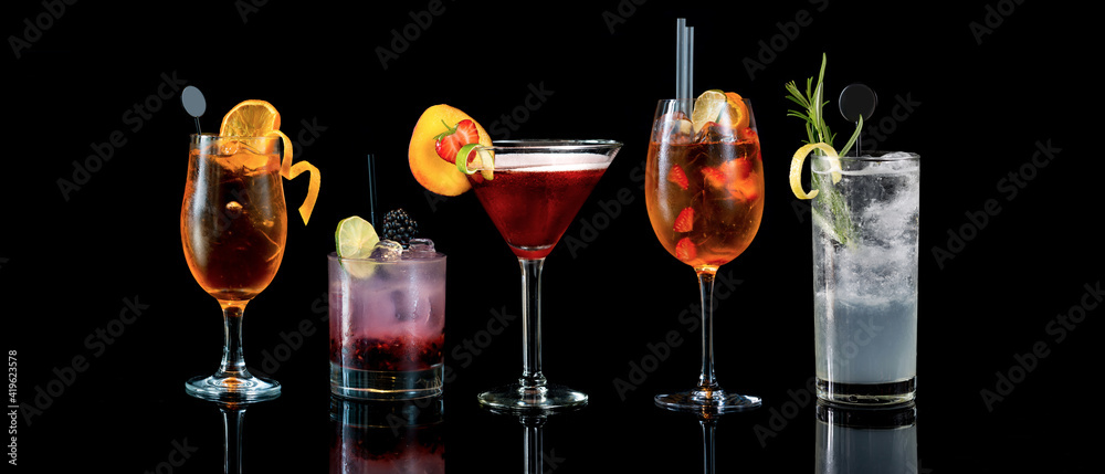 wide image photo of selection various drinks cocktails beer wine alcohol bar