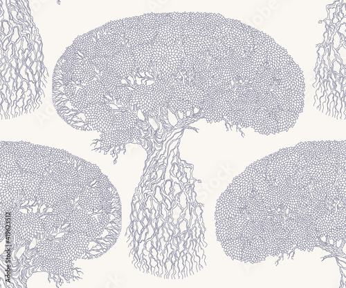 Vector abstract seamless floral pattern. Hand drawn fantasy old tree with roots and spring foliage. May tree. Monochrome contour line sketch.Tee-shirt print. Coloring book page. Batik paint
