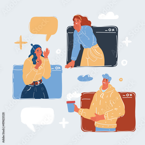 Vector illustration of oline dialogue in message window with bubbles. Man and woman talk togetether on white.